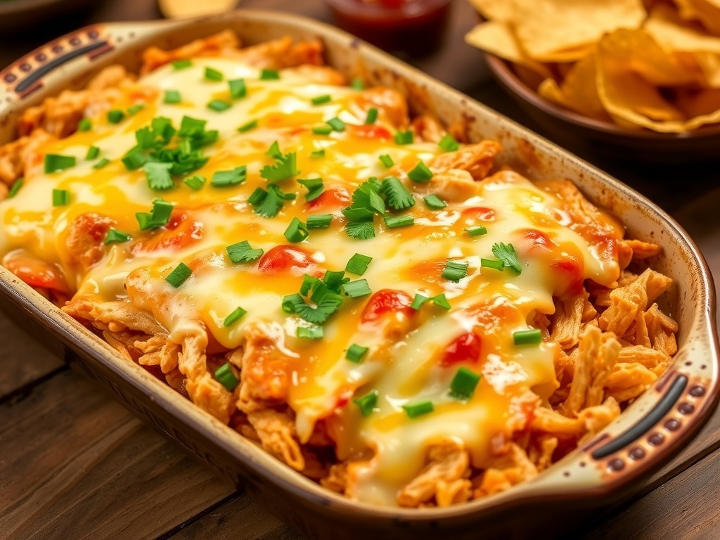 A bubbling King Ranch Chicken Casserole with cheese, chicken, and tortillas, garnished with cilantro, served with tortilla chips.